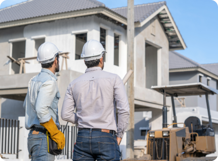 Construction workers looking at a house