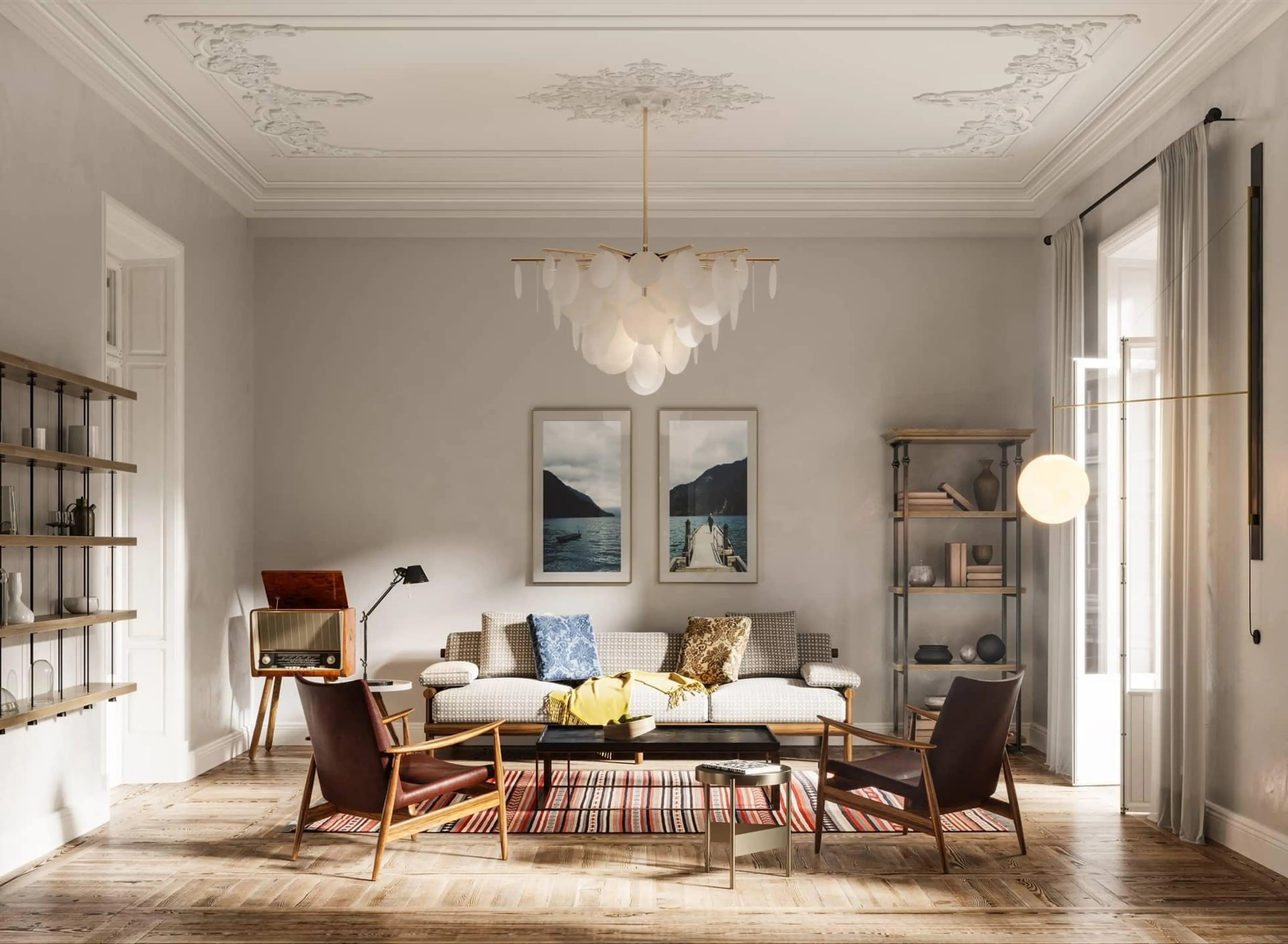 Living room with a chandelier, sofa, chairs, and a rug.