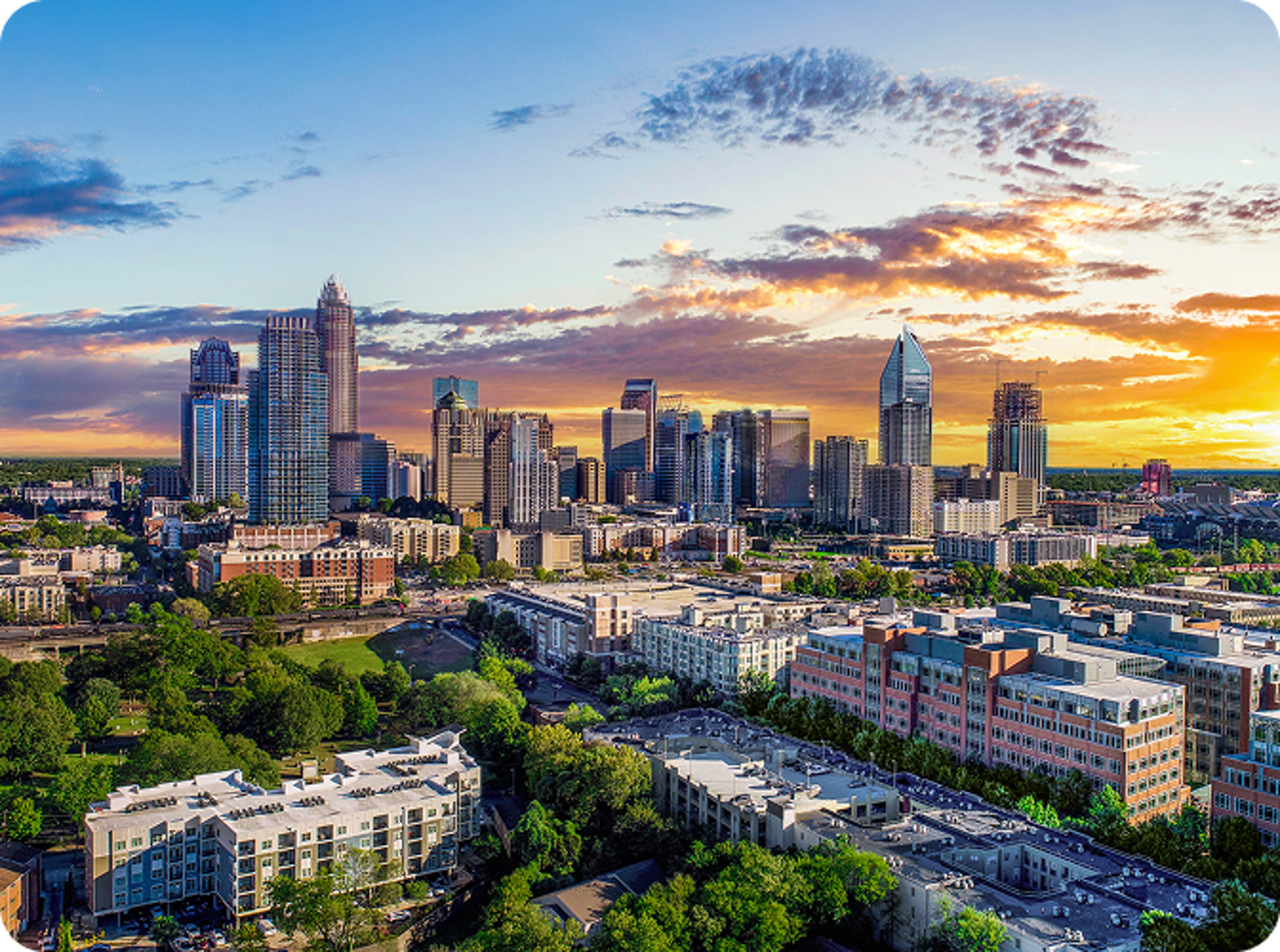North Carolina backdrop of buildings.
