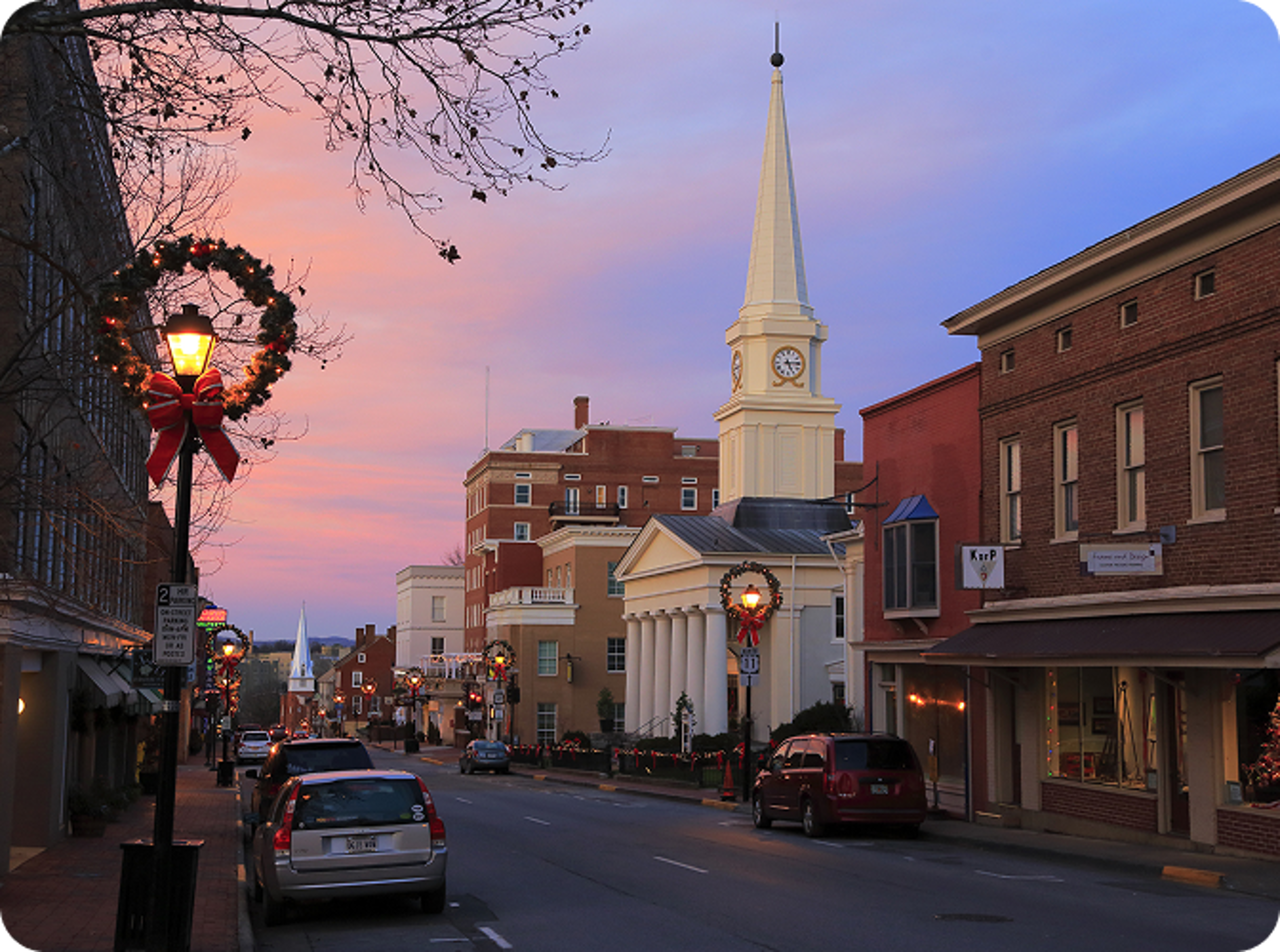 Virginia buildings as the sun sets.