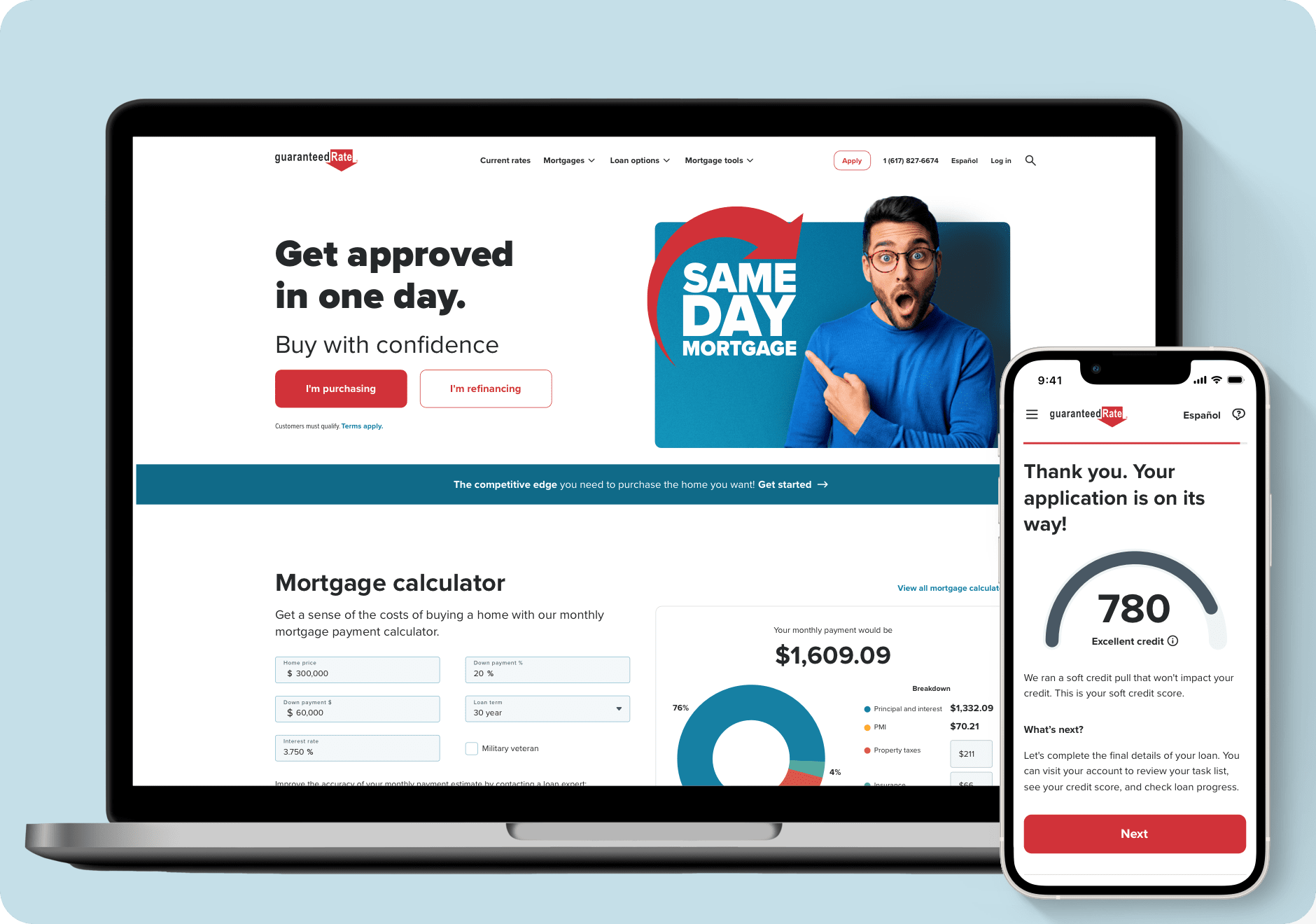 A laptop and a phone both displaying Rate's Digital Mortgage app.