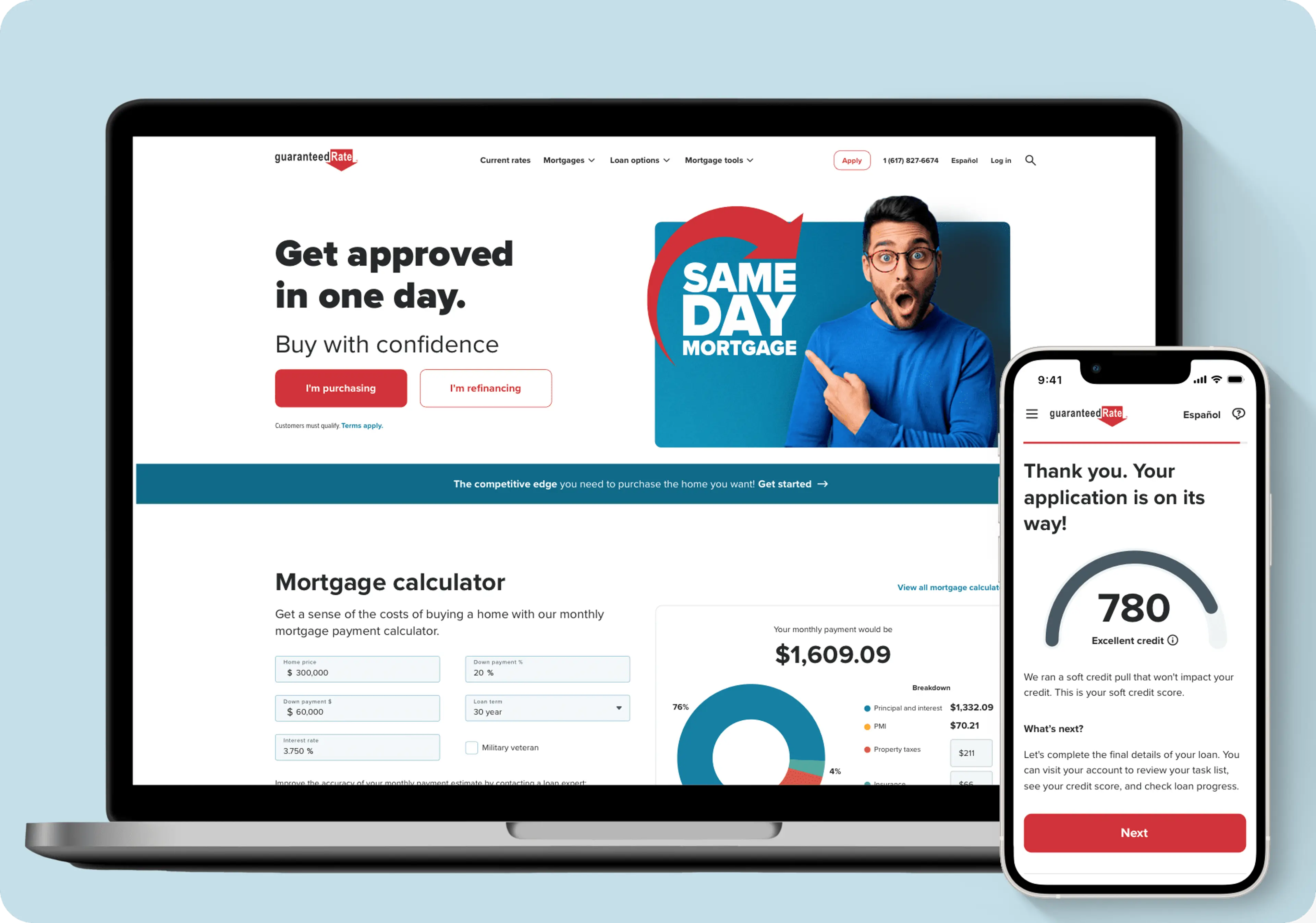 A laptop and a phone both displaying Rate's Digital Mortgage app.