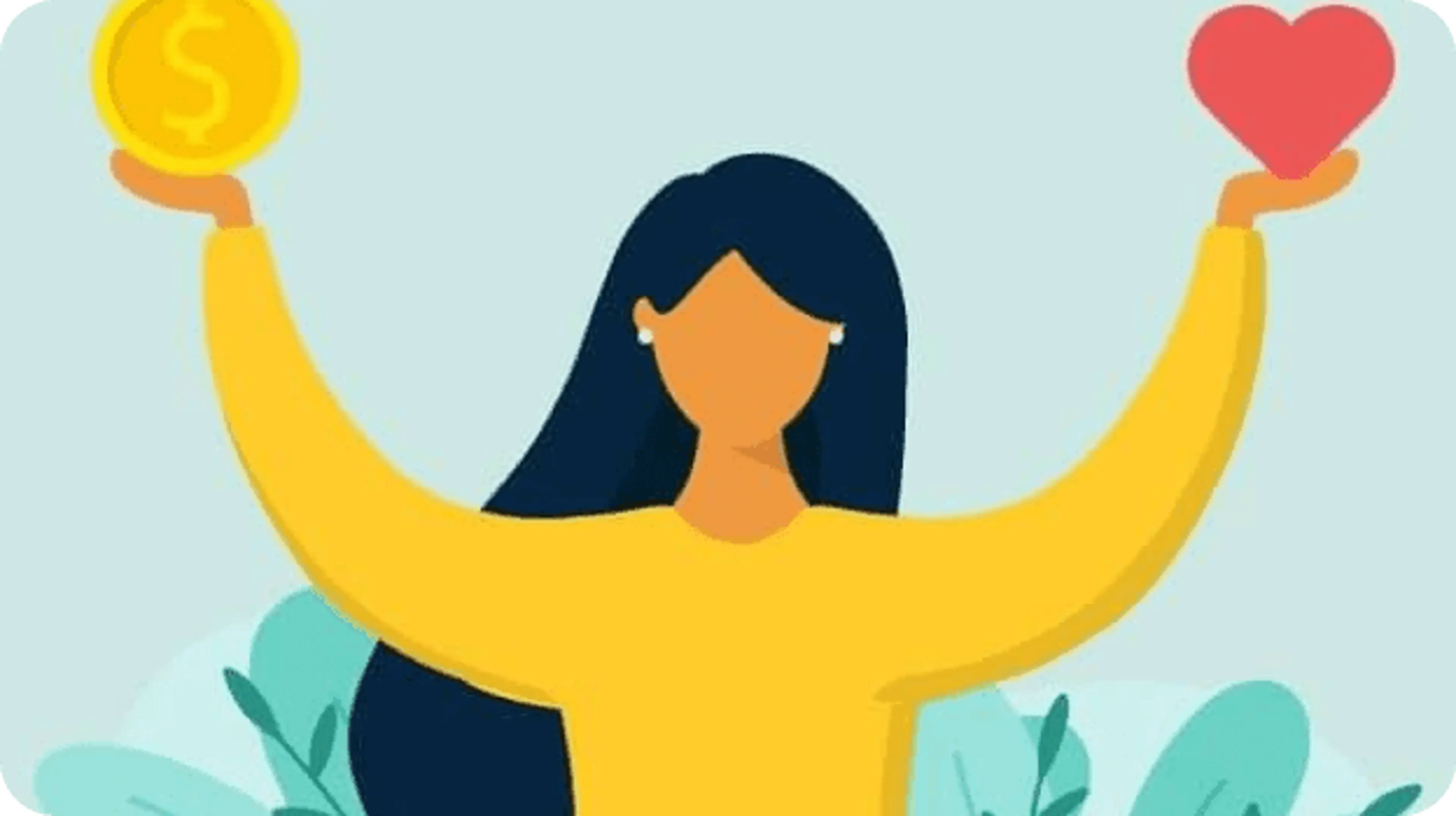Illustration of a woman holding up a coin in one hand and a heart in the other, suggesting a connection between financial and personal wellness.