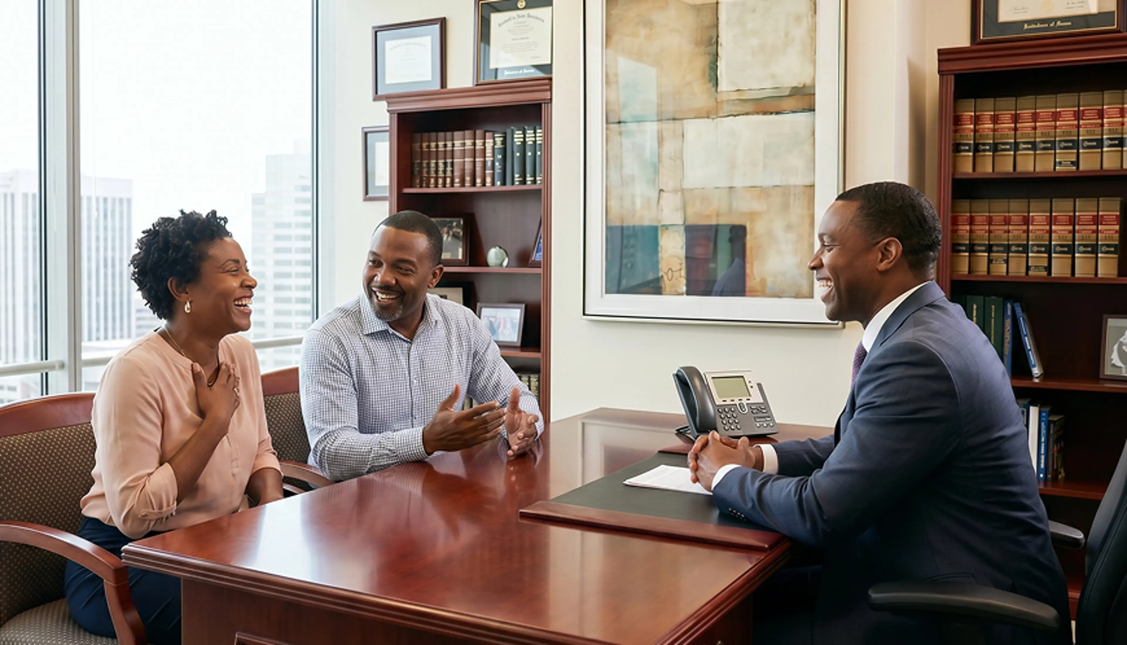 A couple smiles while seated across from a loan officer.