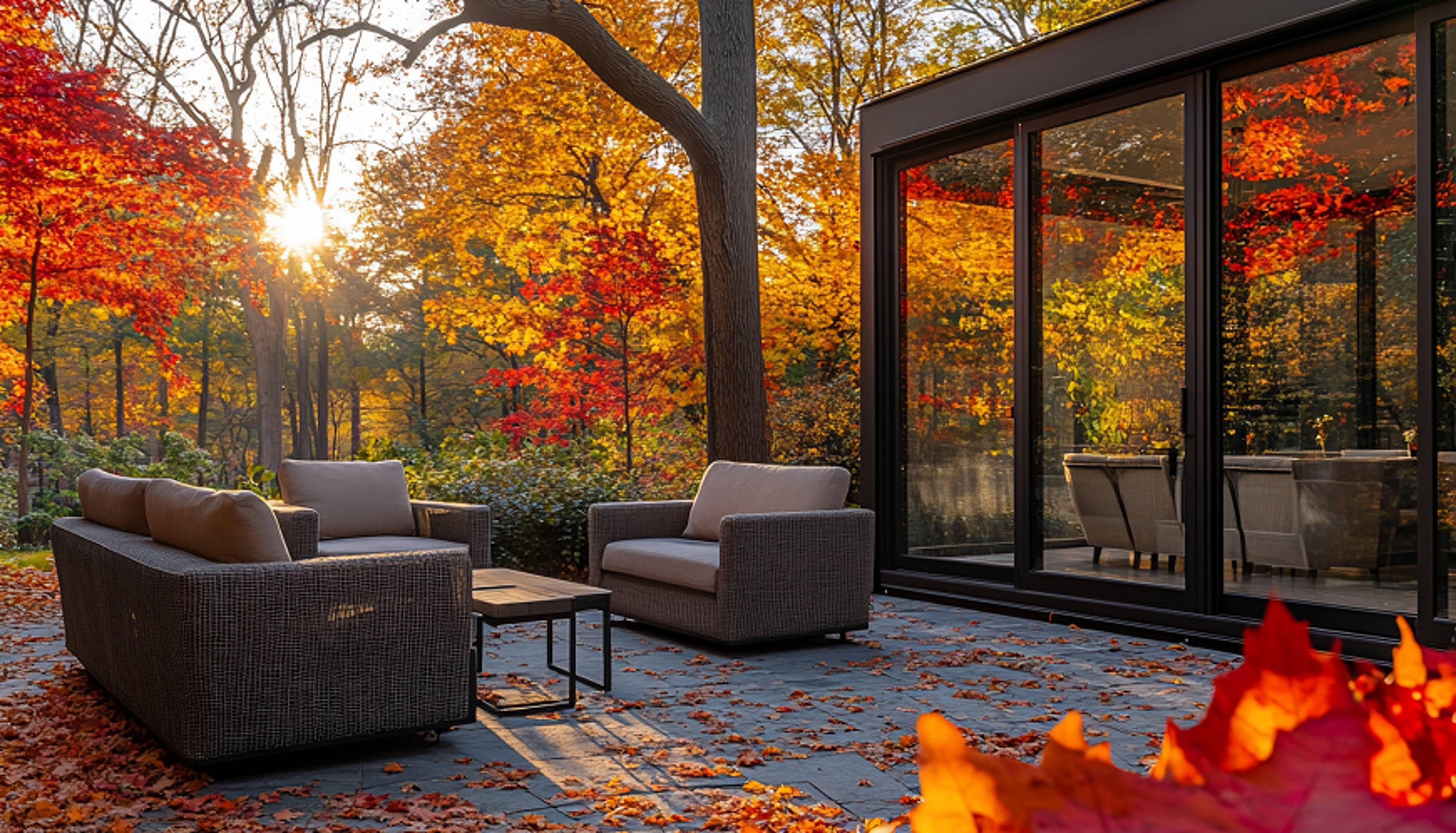 Patio with fall trees and leaves.