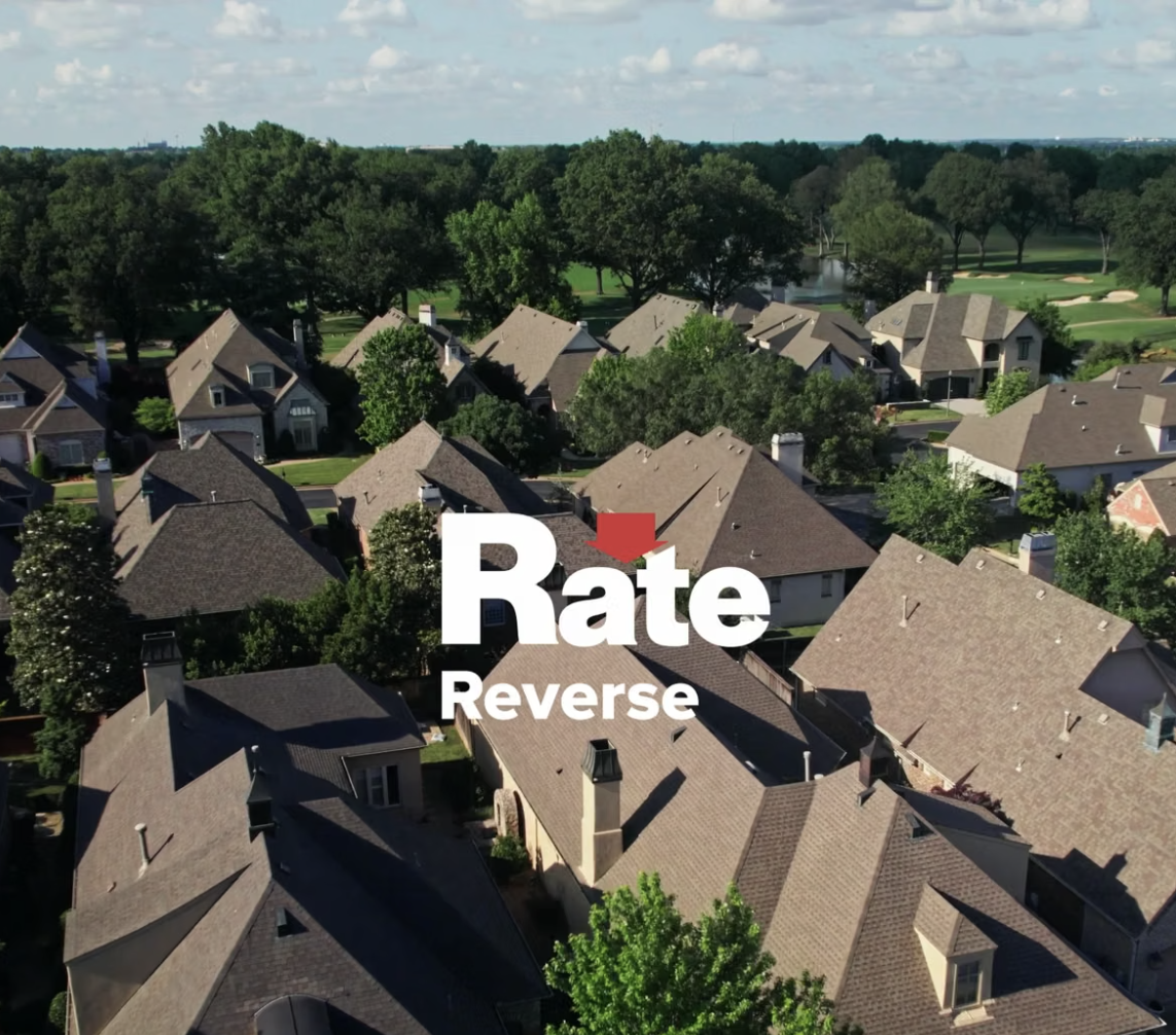 Rate Reverse Mortgage Logo with a background view of suburban homes