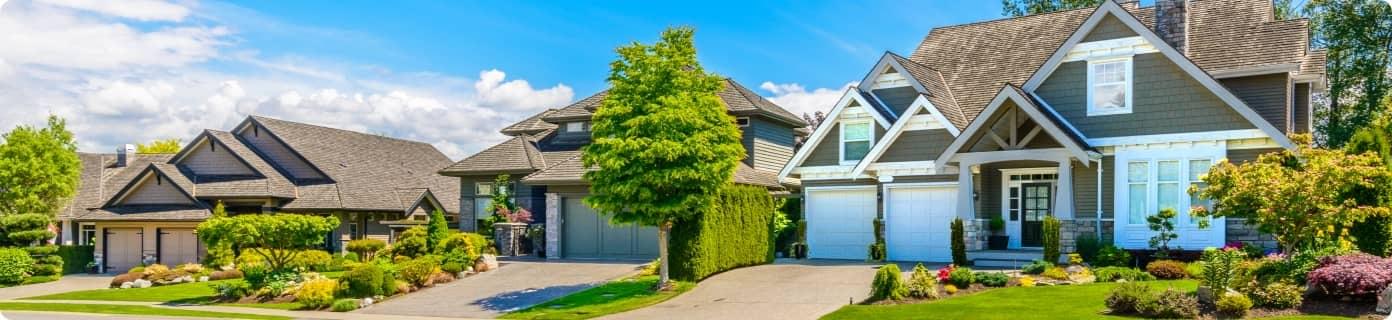 A row of modern suburban houses with manicured lawns and landscaped gardens on a bright, sunny day.