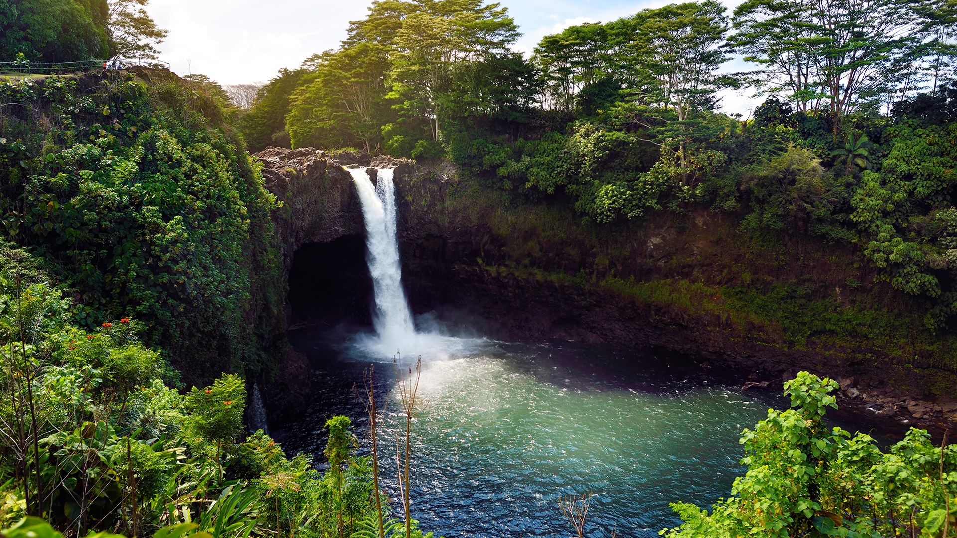 Akaka Falls, cascade spectaculaire située à Hilo, Hawaï, entourée de végétation tropicale luxuriante sous un ciel bleu.