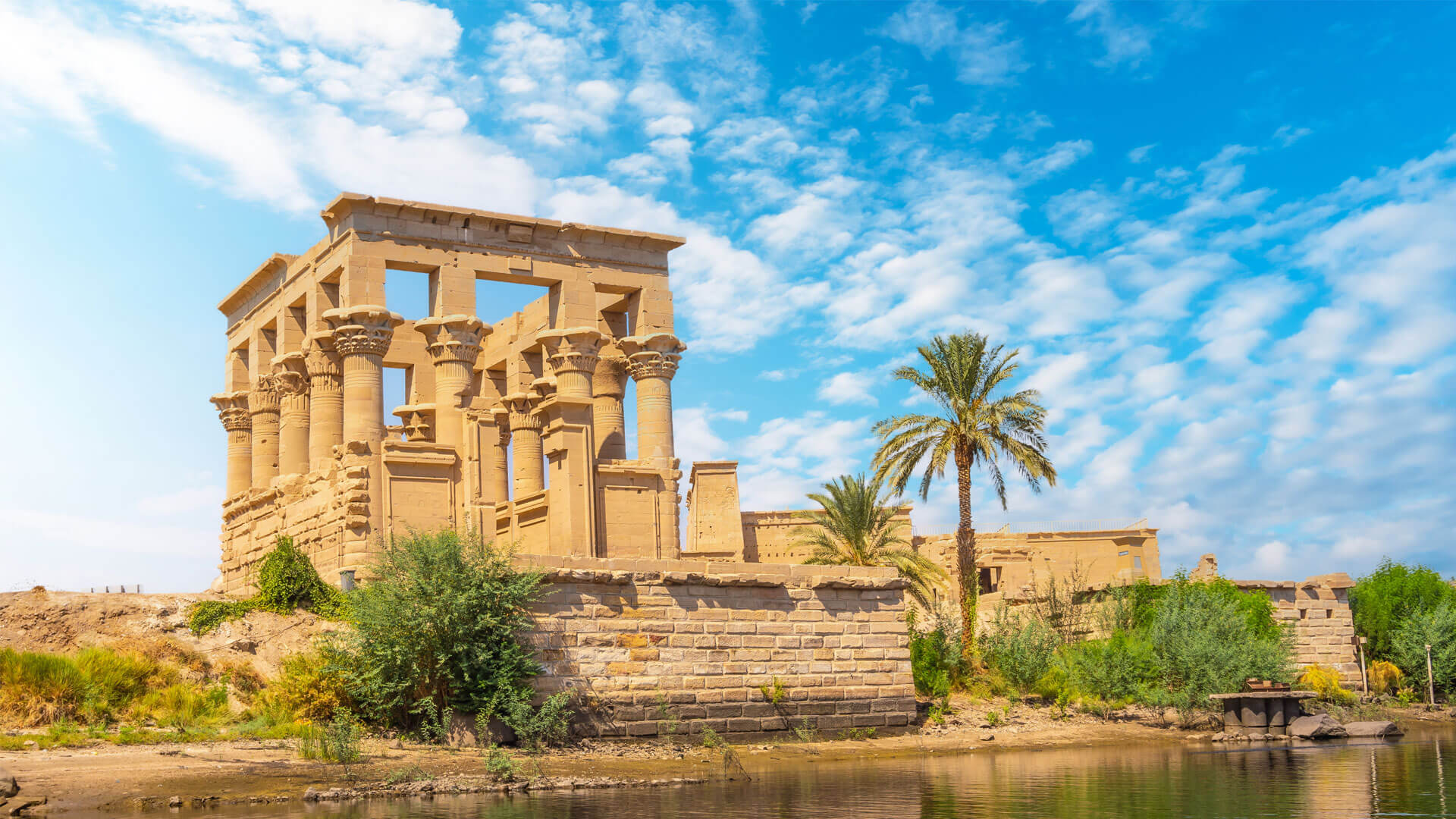 Philae Temple with ancient columns and palm trees along the Nile in Aswan, Egypt, under a blue sky.