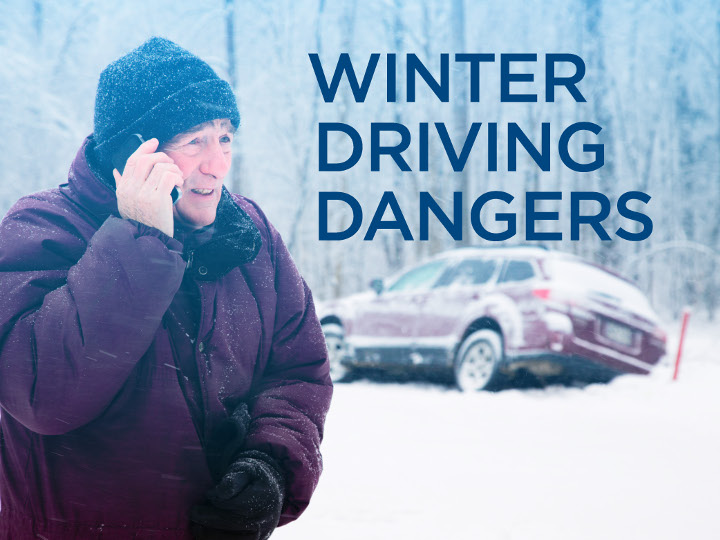 Winter scene with man on phone and abandoned vehicle in the background