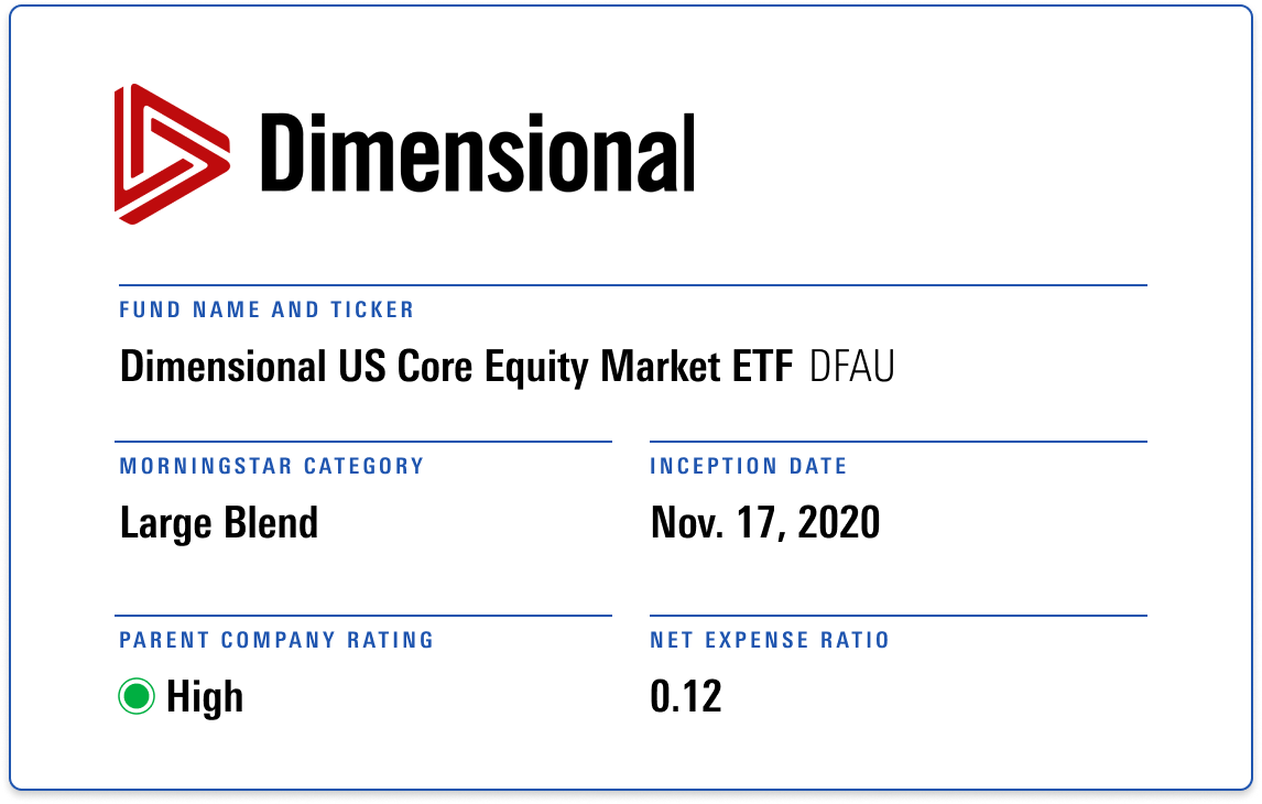 Gold-rated Dimensional US Core Equity Market ETF is a large-blend fund with a net expense ratio of 0.12.
