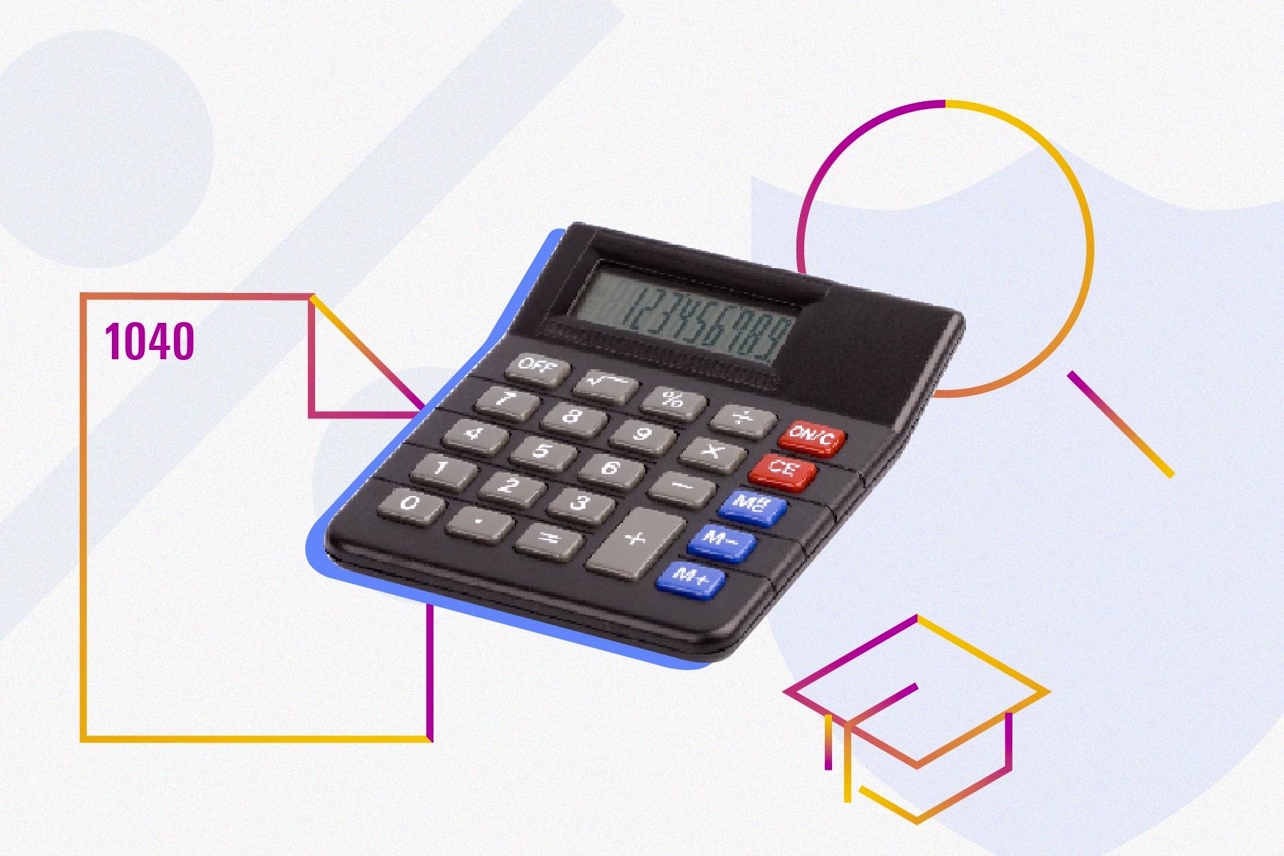 Collage of calculator with illustrative icons of a 1040 document, dollar sign and a magnifying glass.