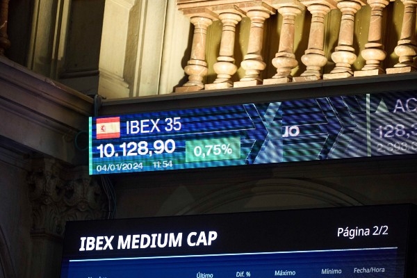 A stock ticker display in Madrid