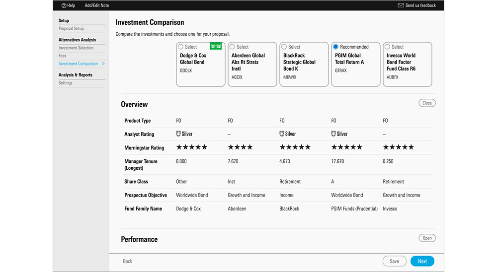 Image of investment comparison in the Morningstar due diligence module. 