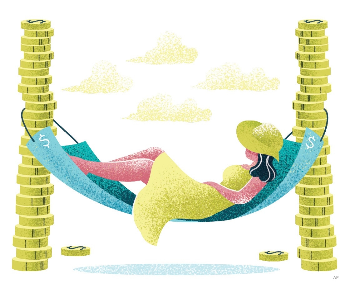 Investor on hammock in between stacks of coins