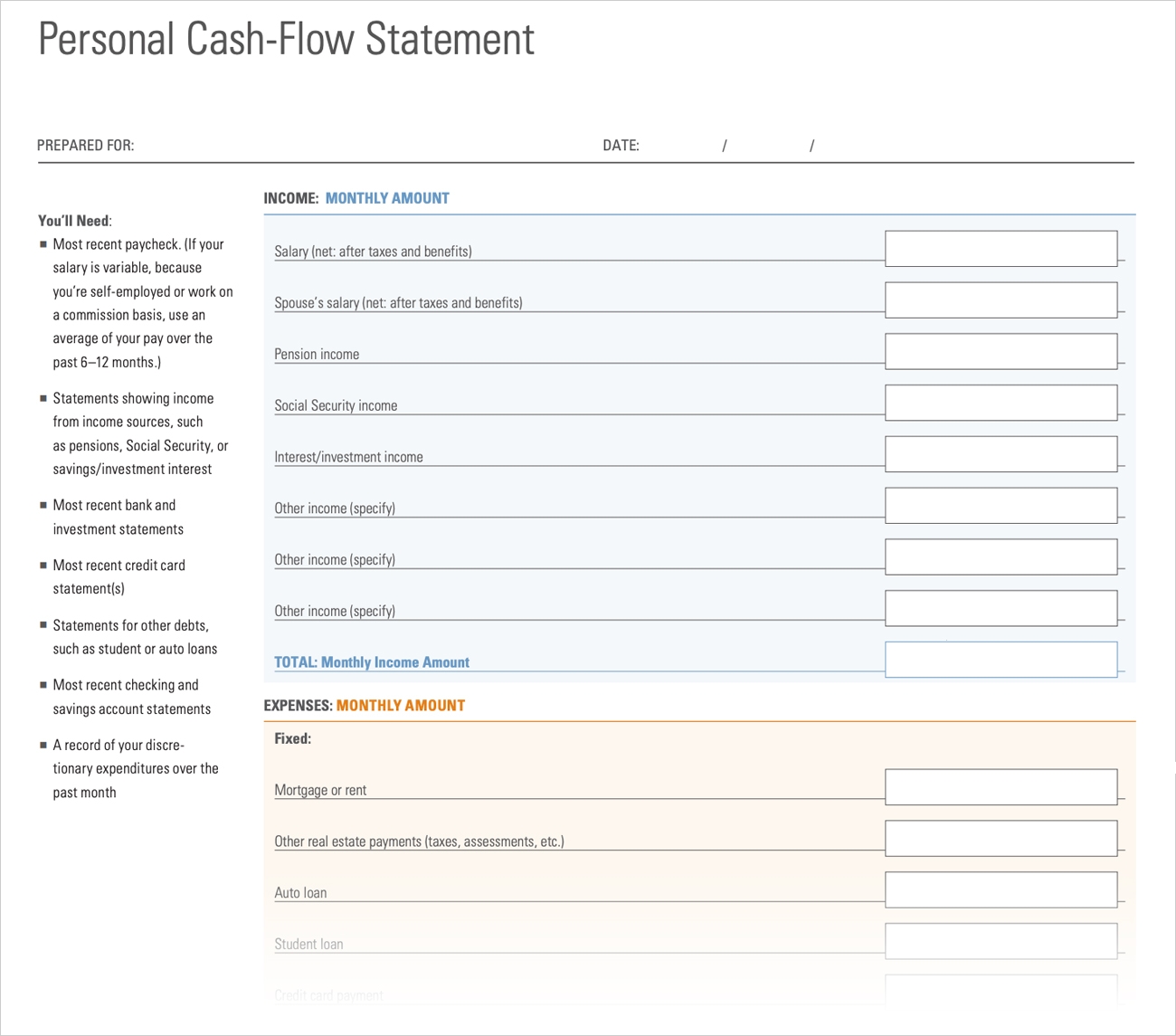 Personal Cash-flow Statement  Morningstar In Personal Net Worth Worksheet