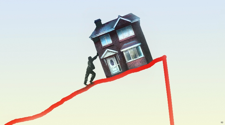 person pushing house over a chart hill