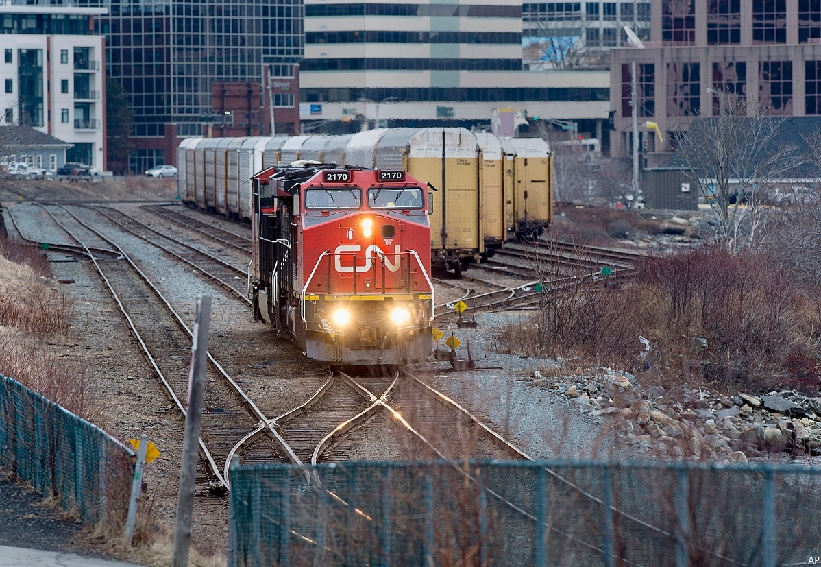 A Canadian National Rail locomotive moves through the rail yard in Dartmouth, Nova Scotia.