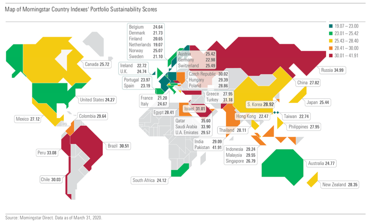 Map of Morningstar Country Indexes' Portfolio Sustainability Scores