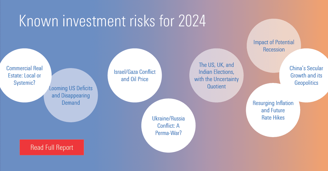 2024 investment risks: commercial real estate, conflict in Israel and Ukraine, China’s secular growth, inflation, U.S. deficits, and elections.