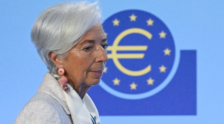 Christine Lagarde in front of an ECB banner
