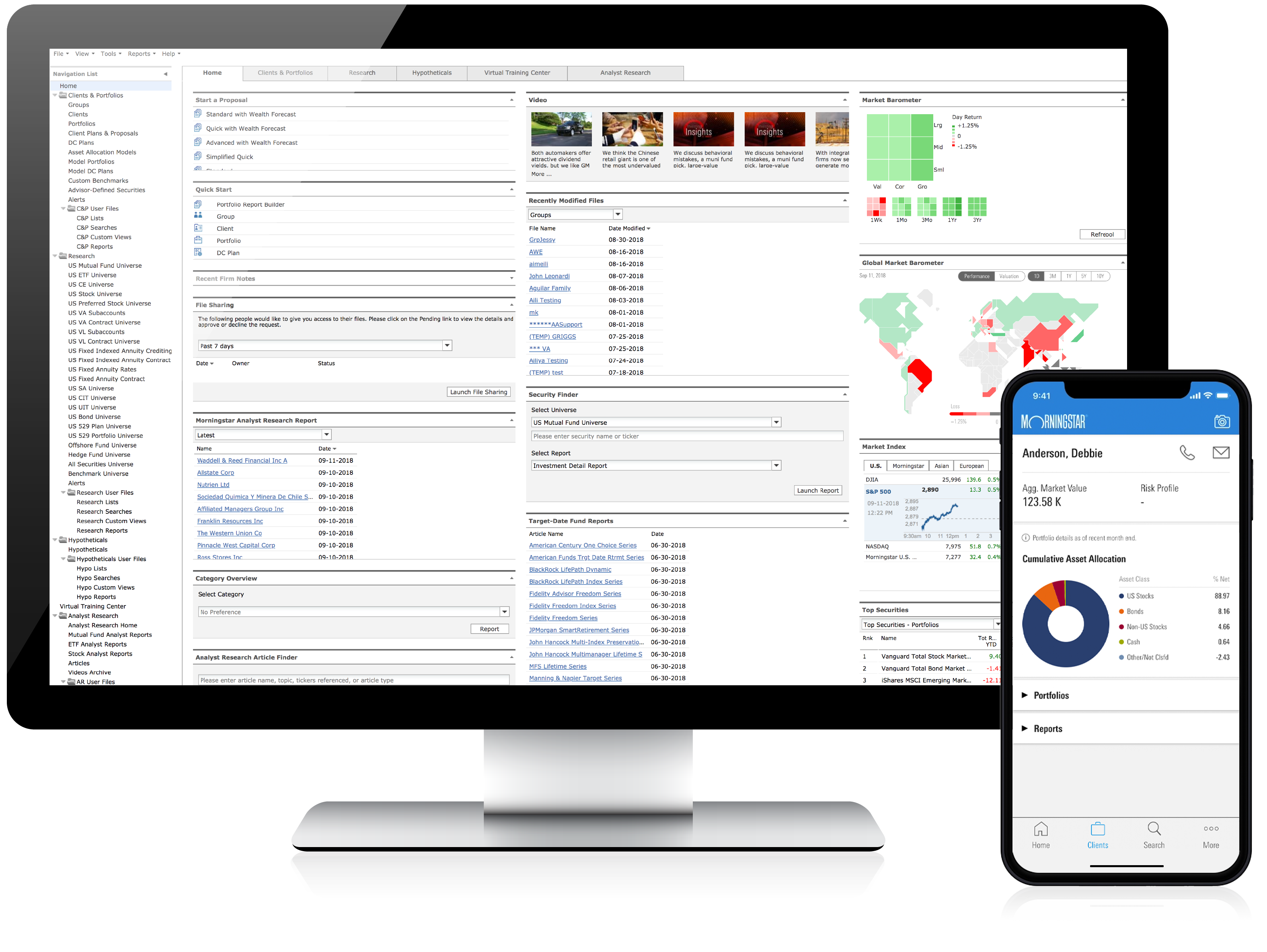 a monitor and smart phone displaying screens from Morningstar Advisor Workstation