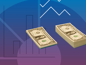 An illustration with stacks of dollars and line chart imagery