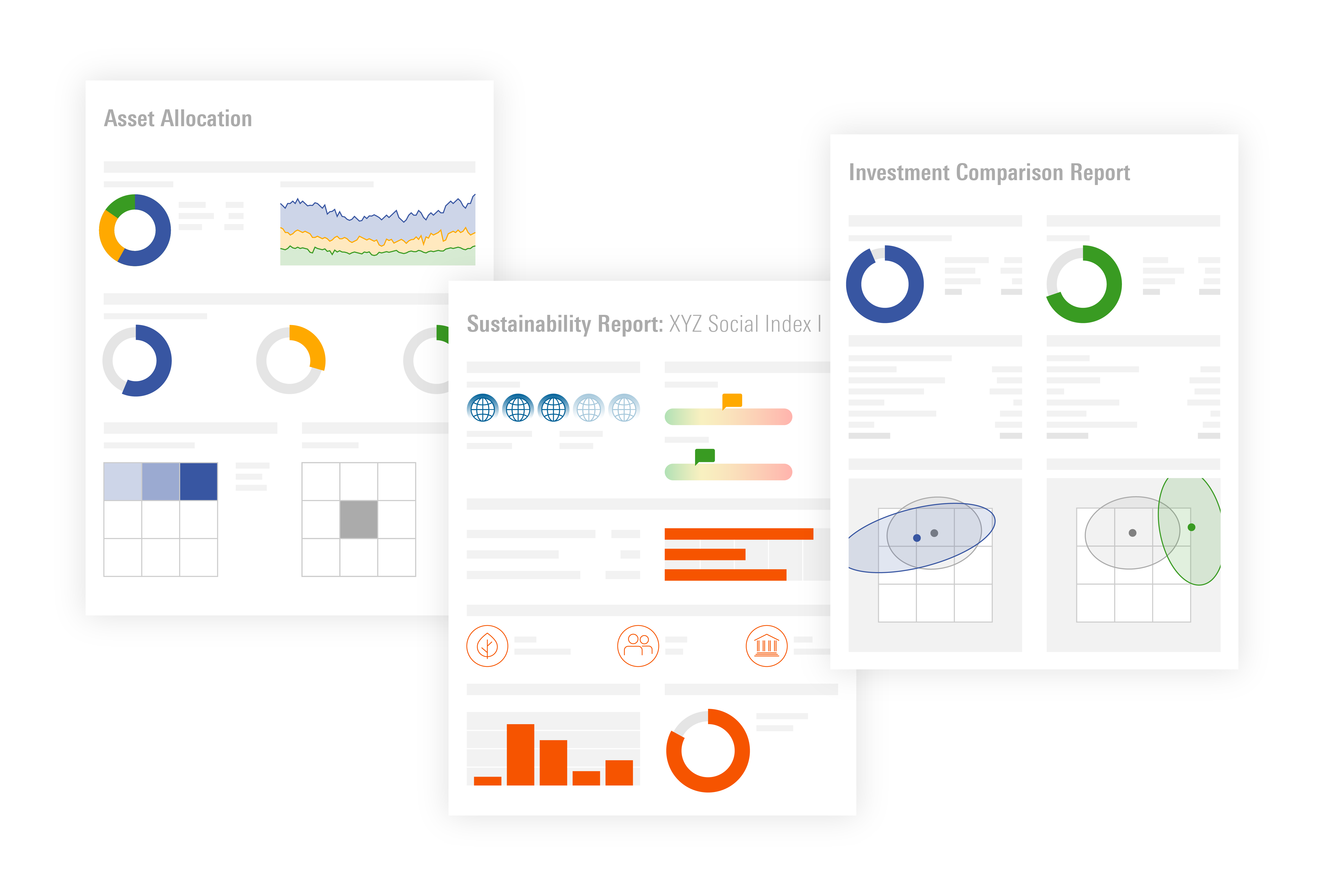 Images of a Sustainability Report, Asset Allocation Report, and an Investment Comparison Report