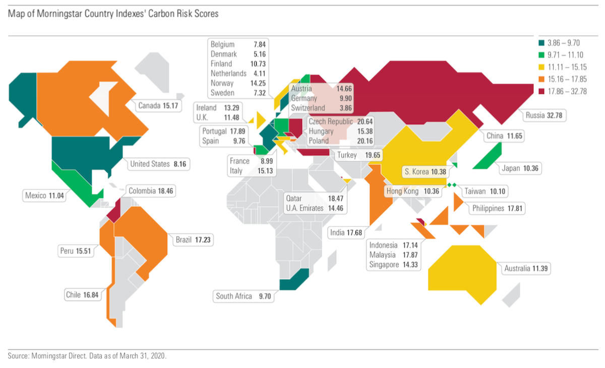 Map of Morningstar Country Indexes' Carbon Risk Scores