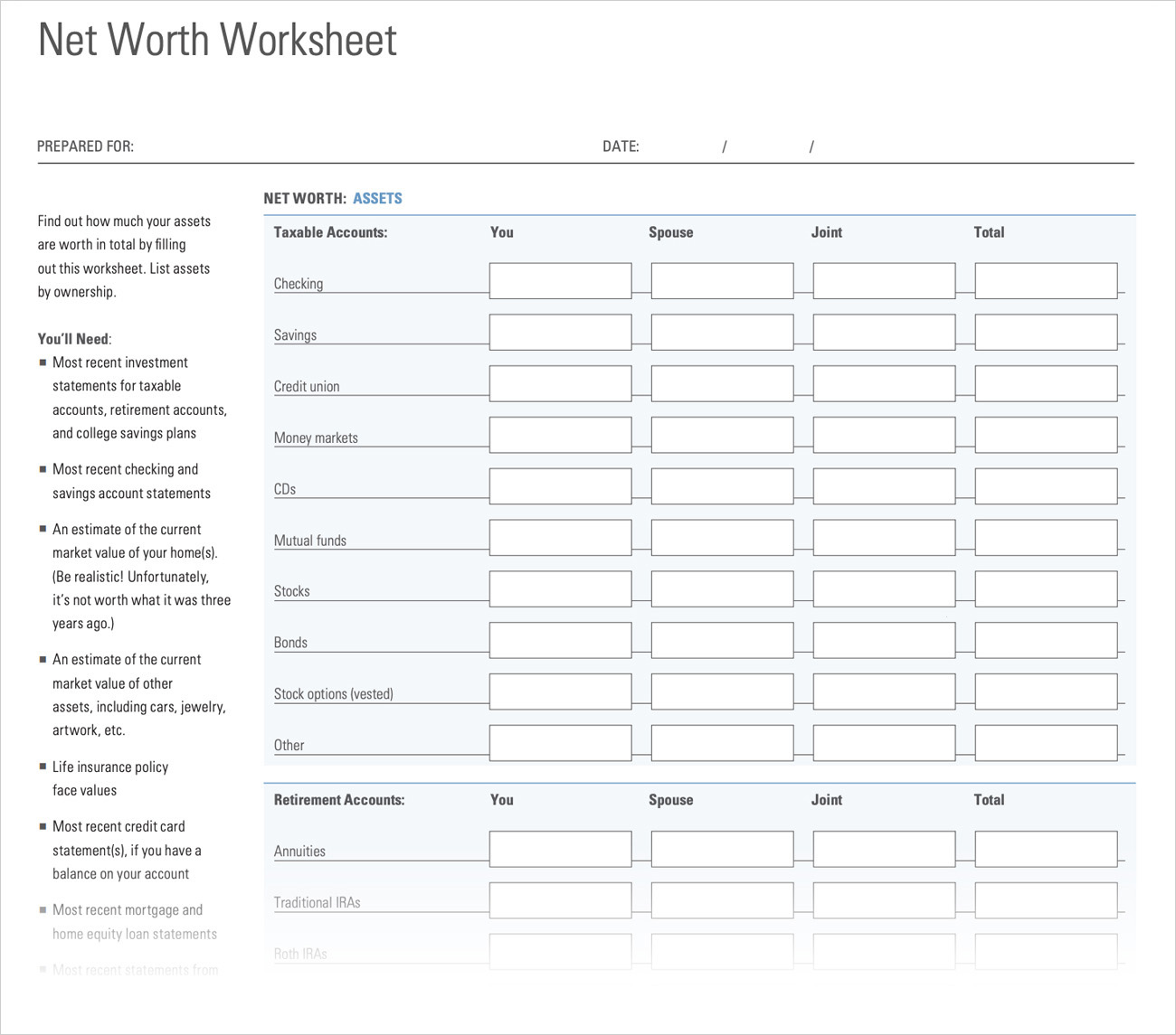 Net Worth Worksheet  Morningstar Inside Personal Net Worth Worksheet
