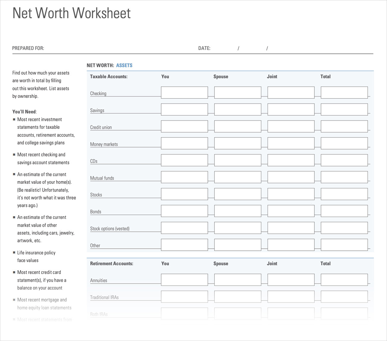 Personal Net Worth Worksheet