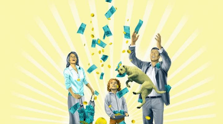 Pop-art graphic of money raining on people