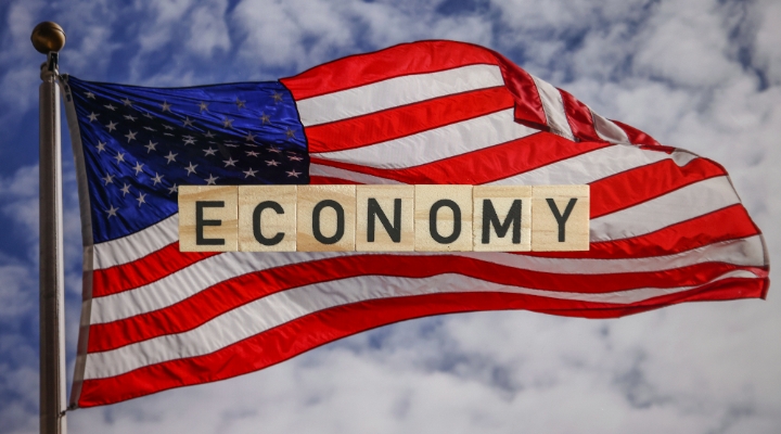 Economy spelled out on american flag