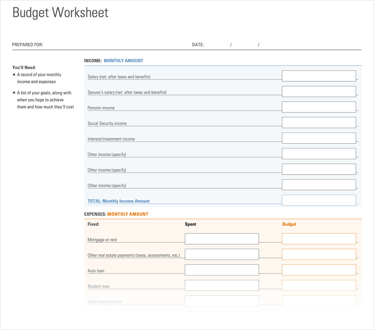Budget Worksheet  Morningstar Throughout Personal Net Worth Worksheet