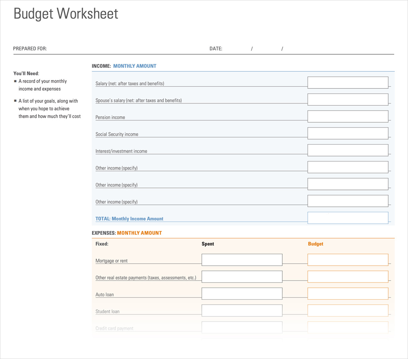 Budget Worksheet  Morningstar In Personal Net Worth Worksheet