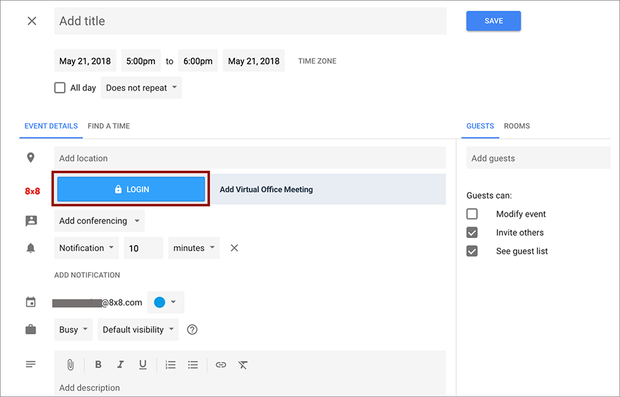 Screen shot of 8x8's Virtual Office Meeting Plugin for Google Calendar