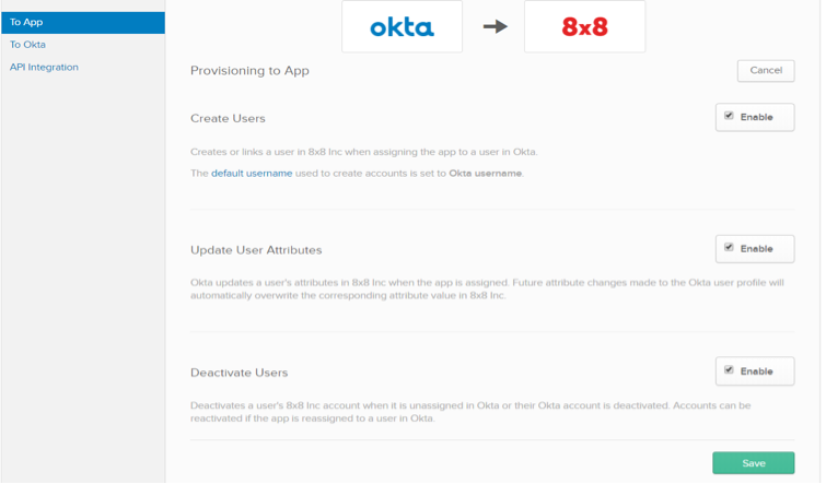 Okta Integration Screen with 8x8