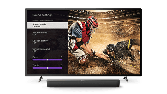 Roku Streambar Pro with sound settings option screen displayed on TV