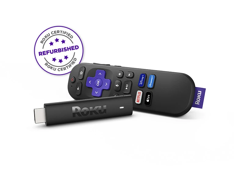 Roku Streaming Stick 4K at an angle with voice remote