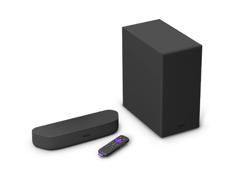 Roku Streambar, Roku Wireless Bass, and Roku remote