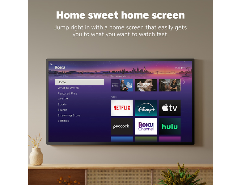 TV mounted on a wall featuring the Roku Players UI screen