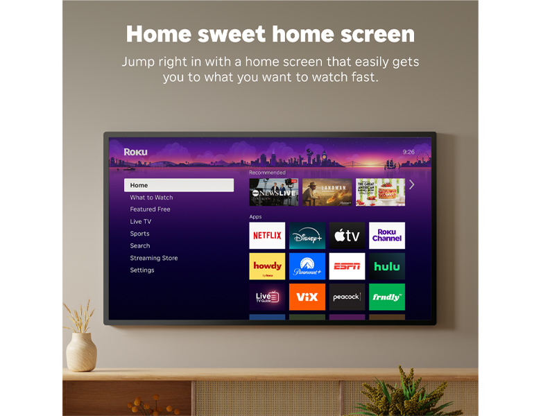 TV mounted on a wall featuring the Roku Players UI screen