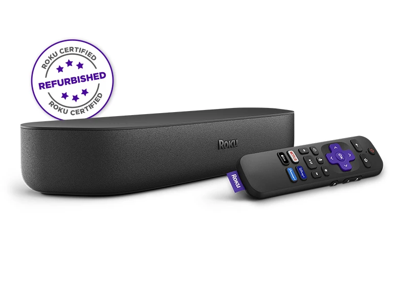 Refurbished Roku Streambar side angle of product and remote
