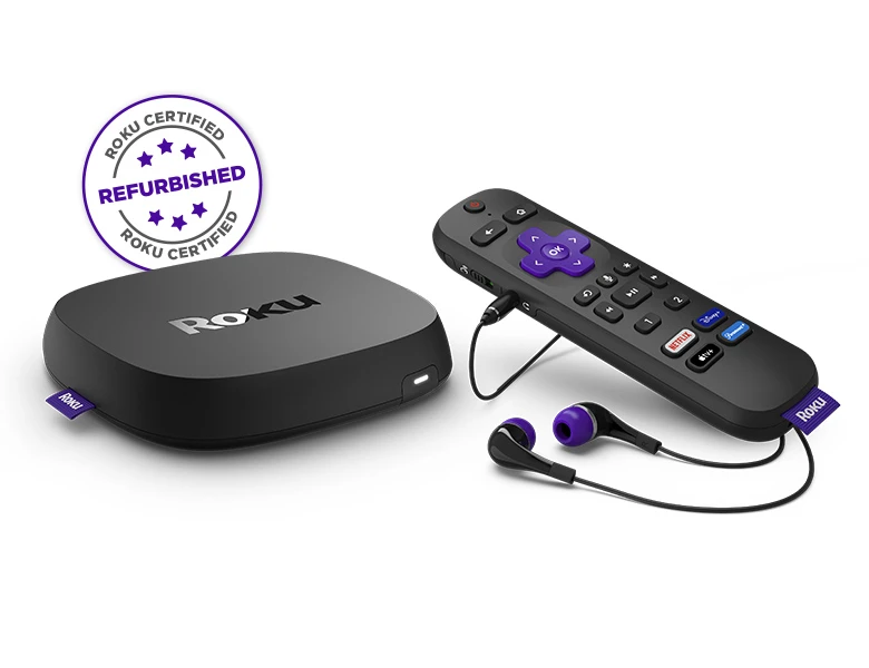 Roku Ultra at an angle with Voice Remote