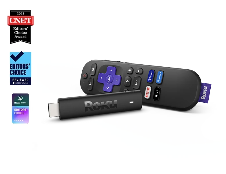 Look before you buy: Roku® Streaming Stick®4K at an angle with voice remote