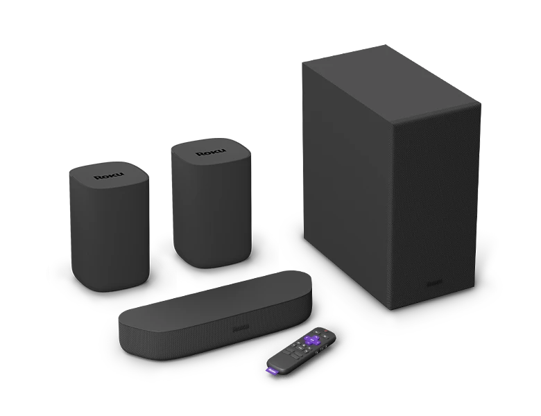 Roku Streambar, Roku Wireless Bass, Roku remote, and 2 Roku Wireless Speakers