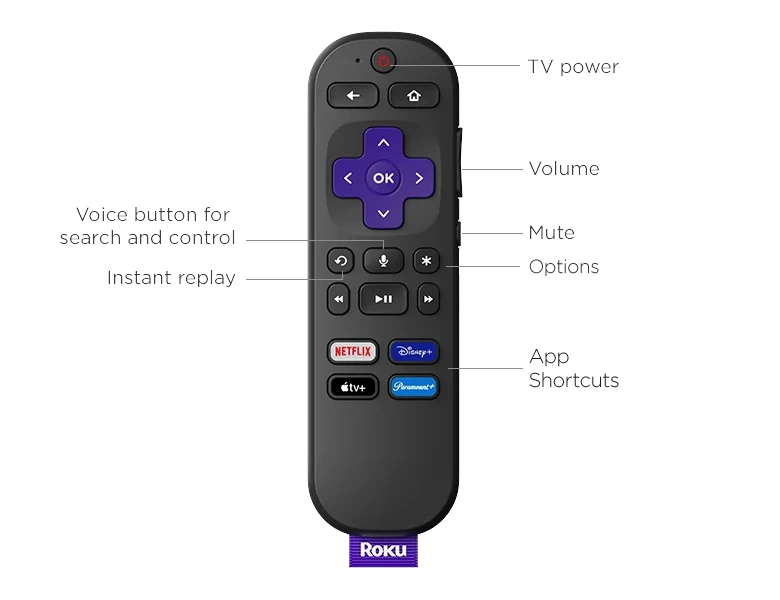 Roku Streaming Stick 4K voice remote with labels