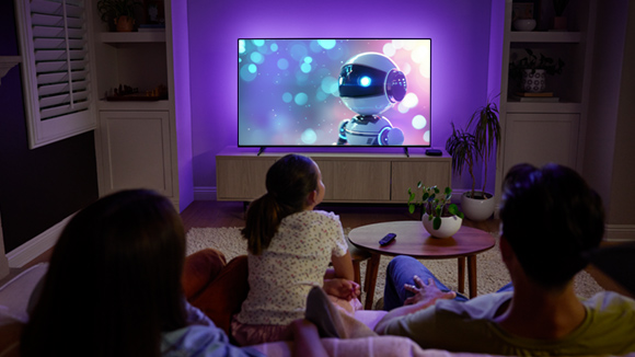 A family streaming a movie in their living room using a Roku Ultra