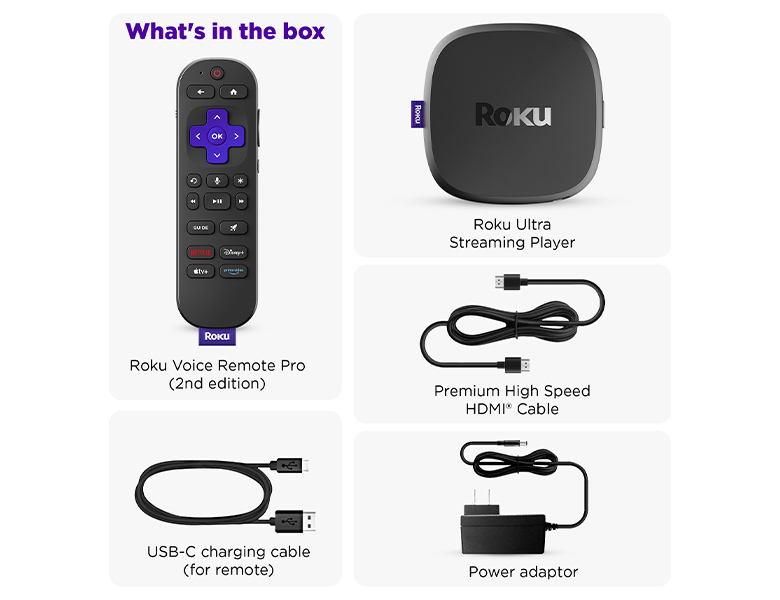 What's in the Roku Ultra Box including Roku Voice Remote and Roku Ultra