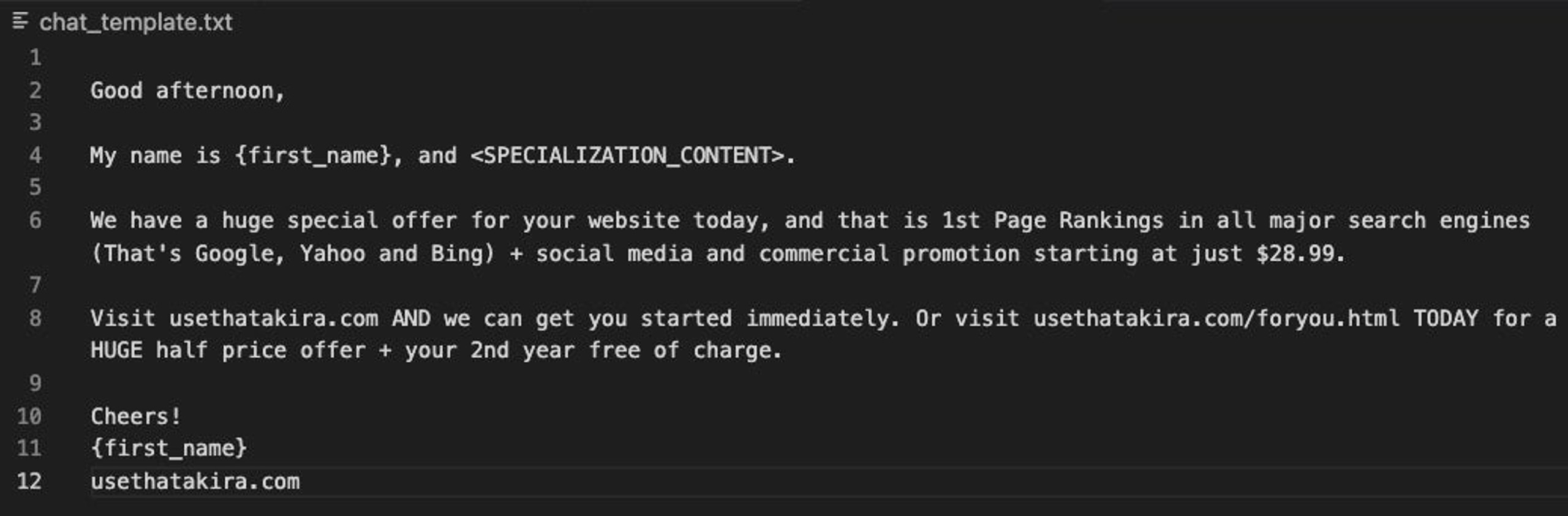 Spam message template